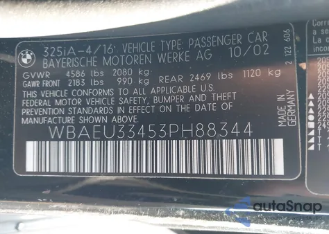 2003 BMW 325Xi z USA, uszkodzony, nr VIN WBAEU33453PH88344